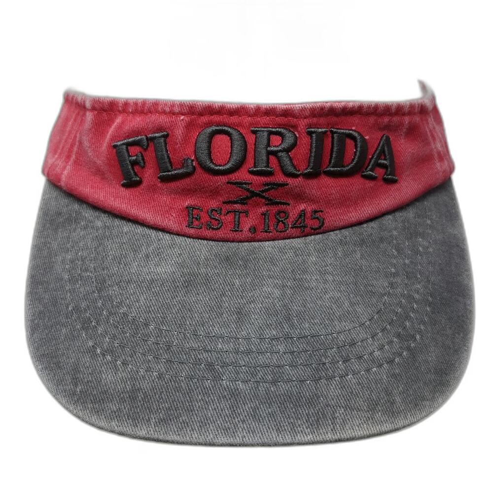 Magu Distributors Florida Visor Red Gray One Size Distressed 1845 Embroidery Hat